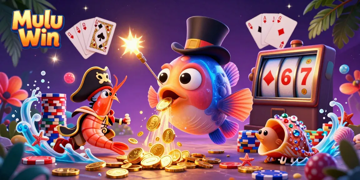 Experience Mulu Win with a thrilling scene of playful characters, golden coins, and vibrant casino elements.