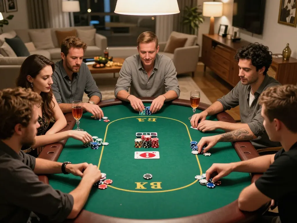 Players strategizing in a friendly home poker game night, featuring 388bet inspired gameplay