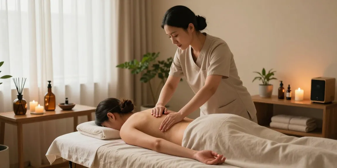 Relaxing Swedish massage therapy in a serene spa room, promoting 구로마사지 wellness.