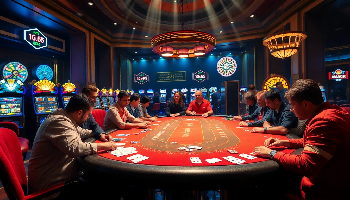 Players engaged in a high-stakes game at PG 66 casino, showcasing vibrant poker action and colorful slot machines.