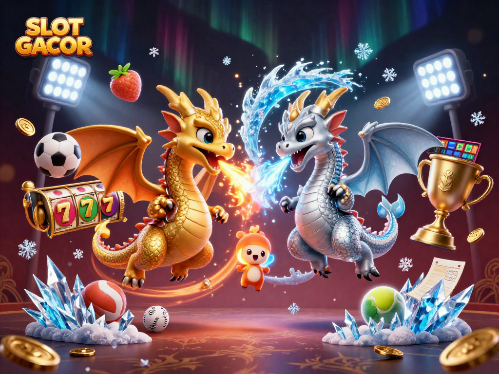 SLOT GACOR showcases a dynamic 3D scene with dragons and slot gaming elements for an engaging experience.