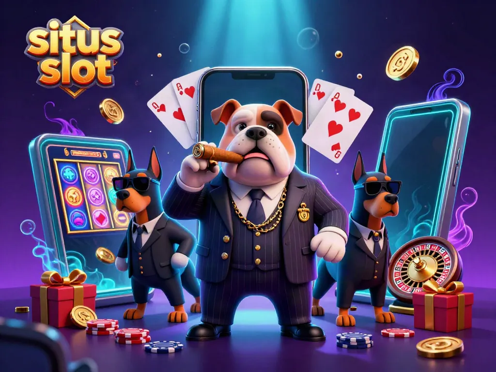 Gambarkan situs slot dengan karakter bulldog mafia dan Doberman di dunia kasino.