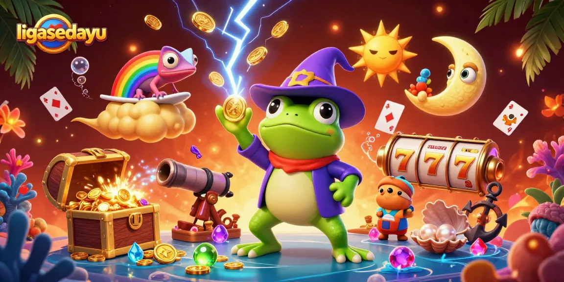 Experience thrilling gains with ligasedayu as the wizard frog unleashes gold coins in a vibrant casino scene.