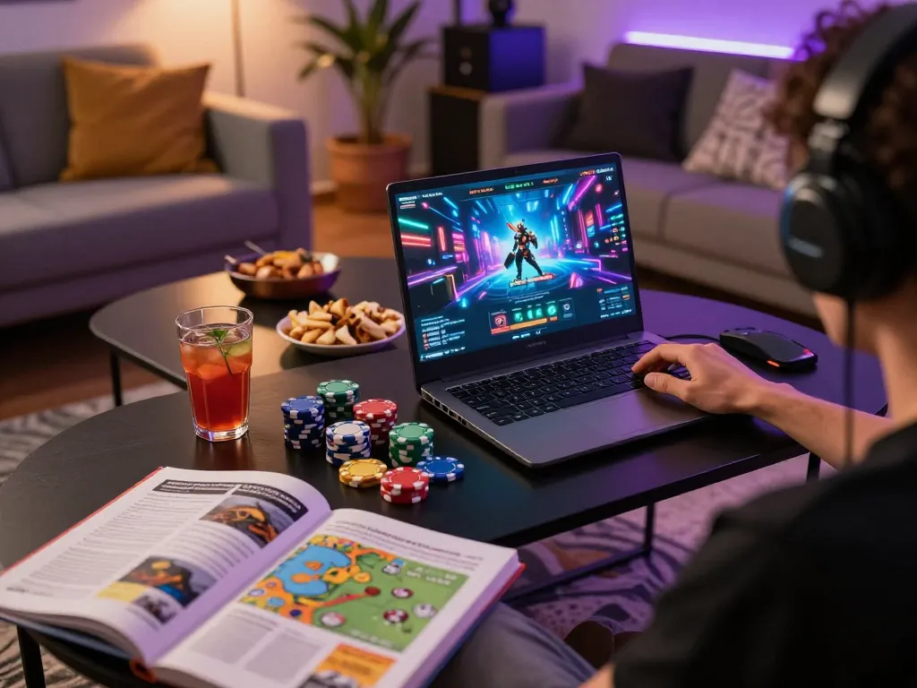 Engaging with nsfw games mod on a laptop in a cozy gaming setup with poker chips and strategy notes.