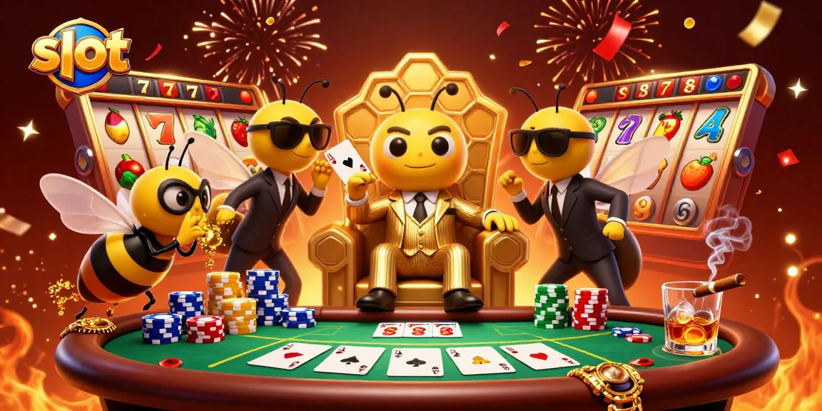 Engaging slot scene featuring bumblebee mob boss amidst vivid slot reels and poker elements.