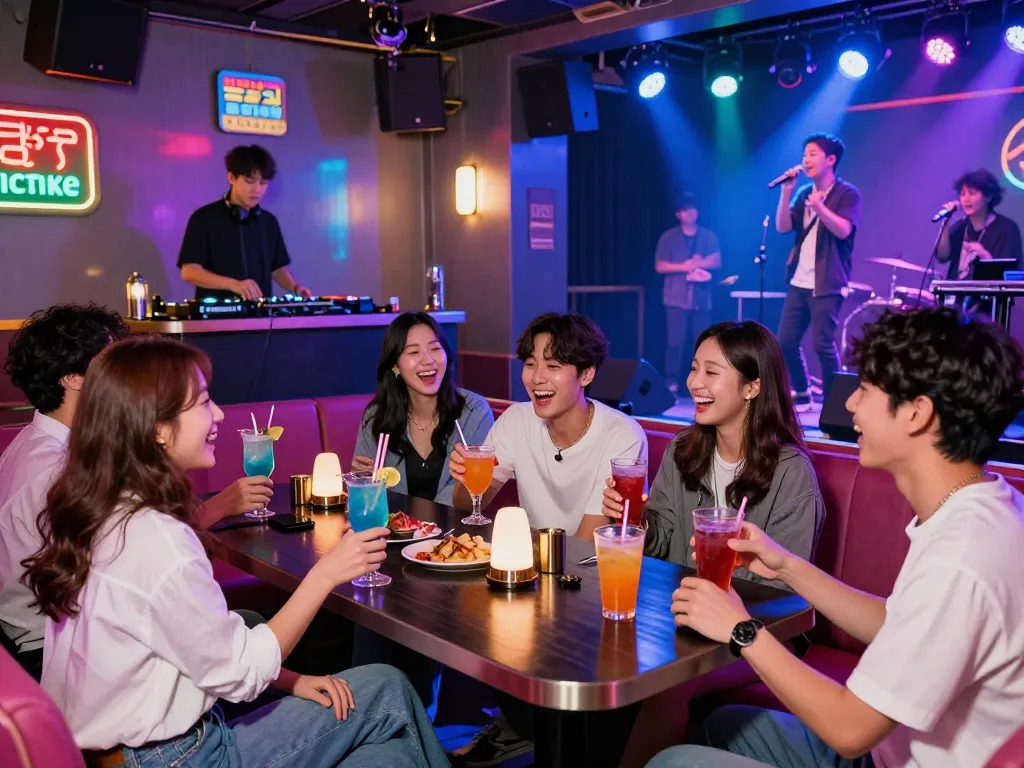 Vibrant nightlife experience in Jeju, showcasing 제주유흥 with friends enjoying karaoke and colorful cocktails.