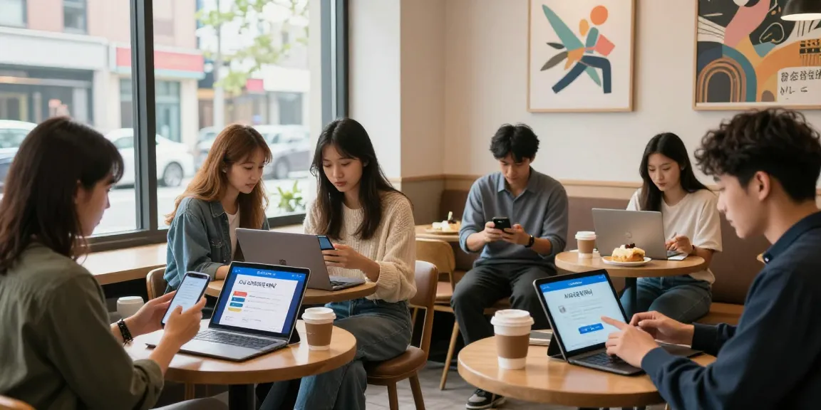 People using 시카고페이 for quick payments in a modern café environment