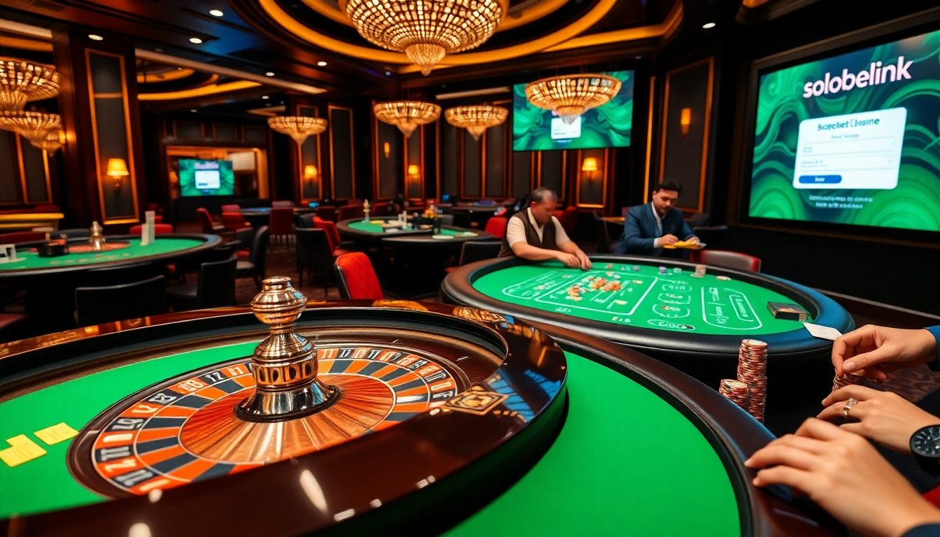 Experience a thrilling sbobet link login interface in a luxurious casino setting with vibrant gaming elements.