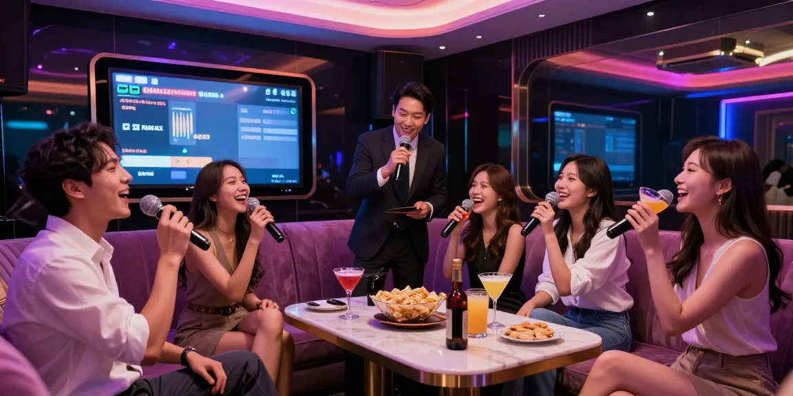 Experience the lively atmosphere of 강남 가라오케 with friends enjoying drinks and singing in a luxurious setting.
