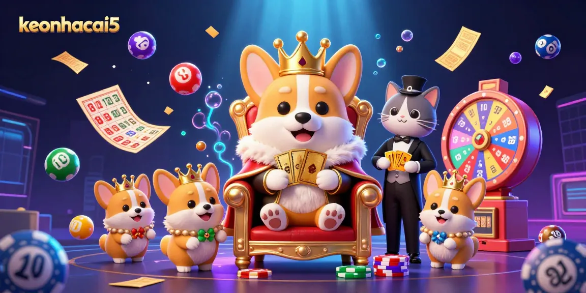 Engage with keonhacai5 as a royal corgi presides over a dynamic casino scene filled with vibrant gambling elements.