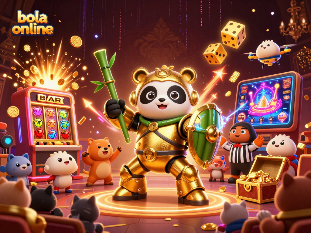 Bola online engaging 3D illustration with a golden panda battling in a casino-themed arena.