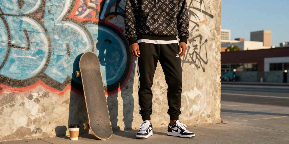 Individual in trendy 레플리카 designer clothing poses in urban setting, showcasing modern street fashion style.