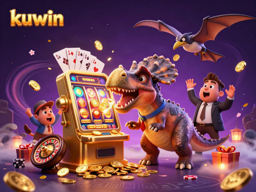 Kuwin jackpot celebration with thrilling animations featuring a dinosaur and casino elements.