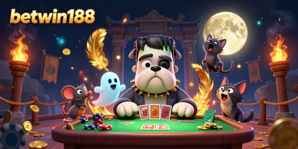 Akses BETWIN188 lebih cepat dengan ilustrasi monster dan suasana kasino yang menarik.