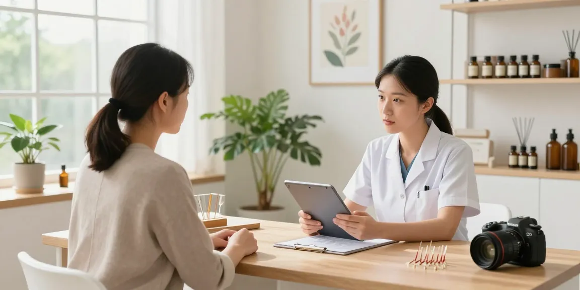 Consultation at 영통한의원 with a patient in a serene wellness setting featuring herbal remedies and modern medical tools.