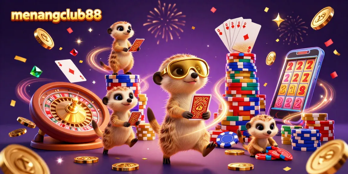 Experience the excitement of menangclub88 with a vibrant 3D meerkat casino scene and gaming action.