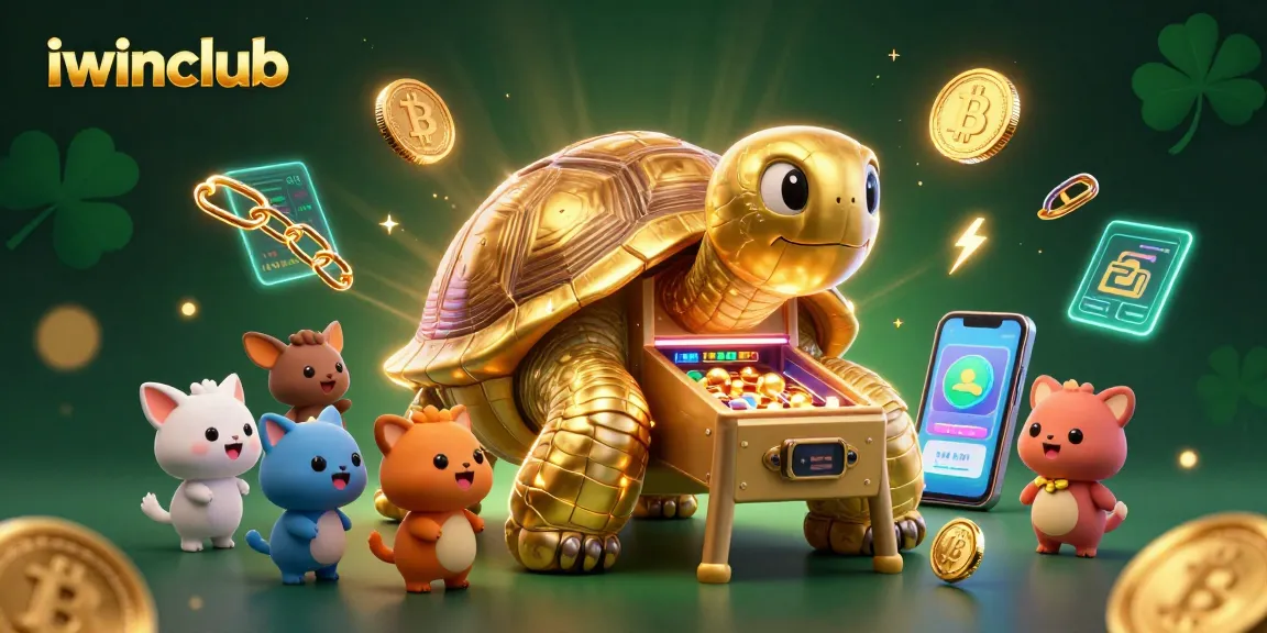 Experience thrilling gameplay at iwinclub with a dynamic 3D casino illustration showcasing blockchain excitement.