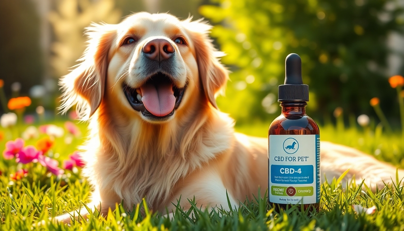 CBD For Pet with a happy golden retriever in a serene garden, showcasing relaxation and health.