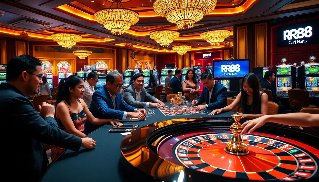 Players enjoying high-stakes games at RR88 casino, surrounded by vibrant tables and slot machines.