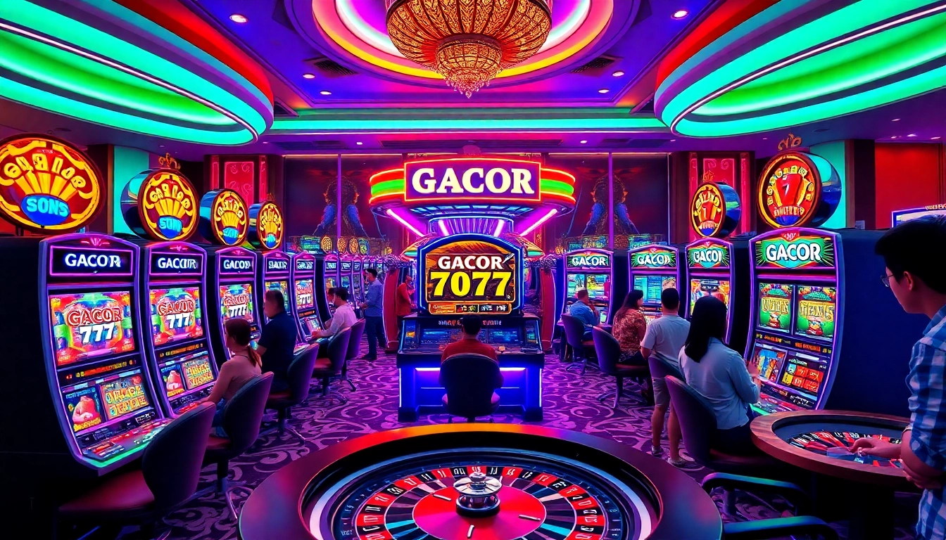 Players engaging with a vibrant IDN slot machine in a lively casino atmosphere.