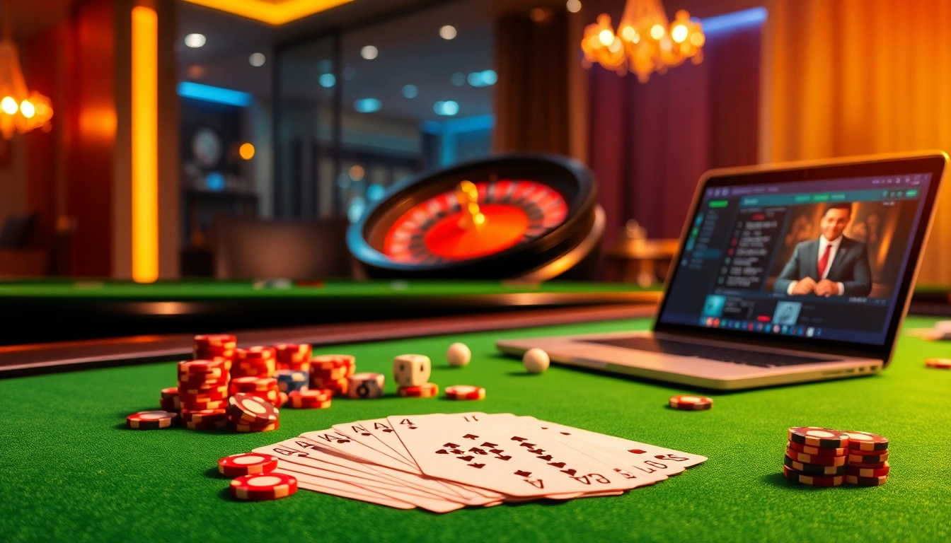 Engaging online gambling scene showcasing e2betvip with poker chips, dice, and a roulette wheel.