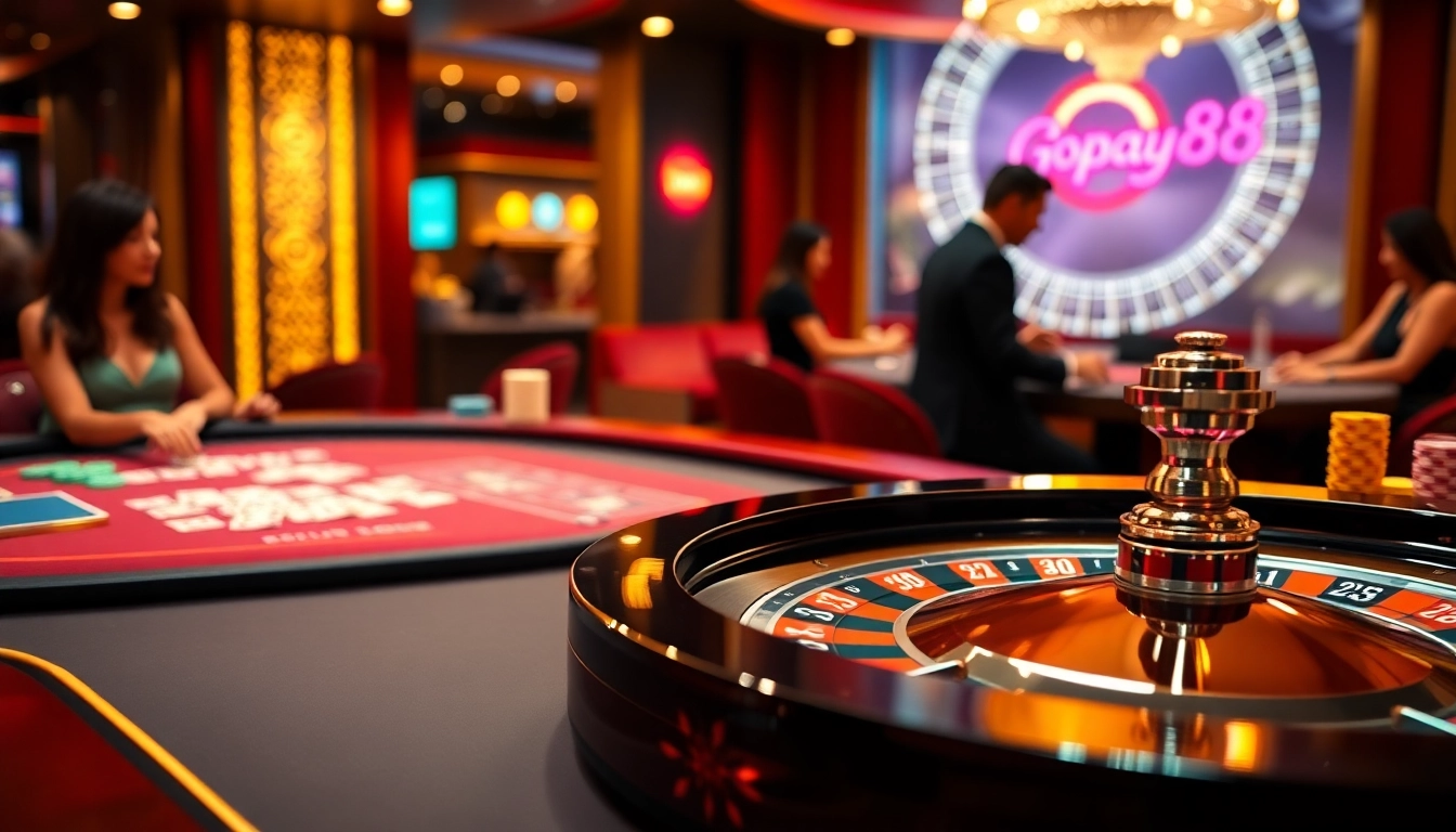 Experience the thrill of Gopay88 as players engage with vibrant casino tables and poker chips.