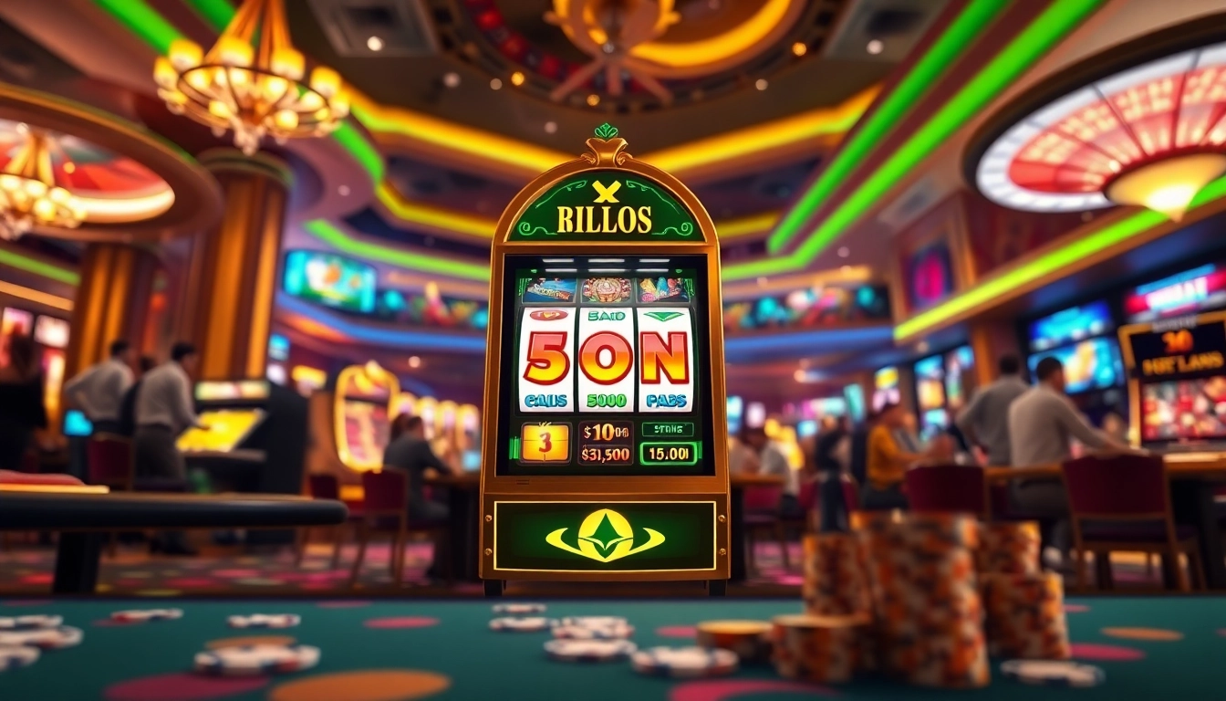 Play the exciting idn slot on a vibrant, modern slot machine in a glamorous casino setting.