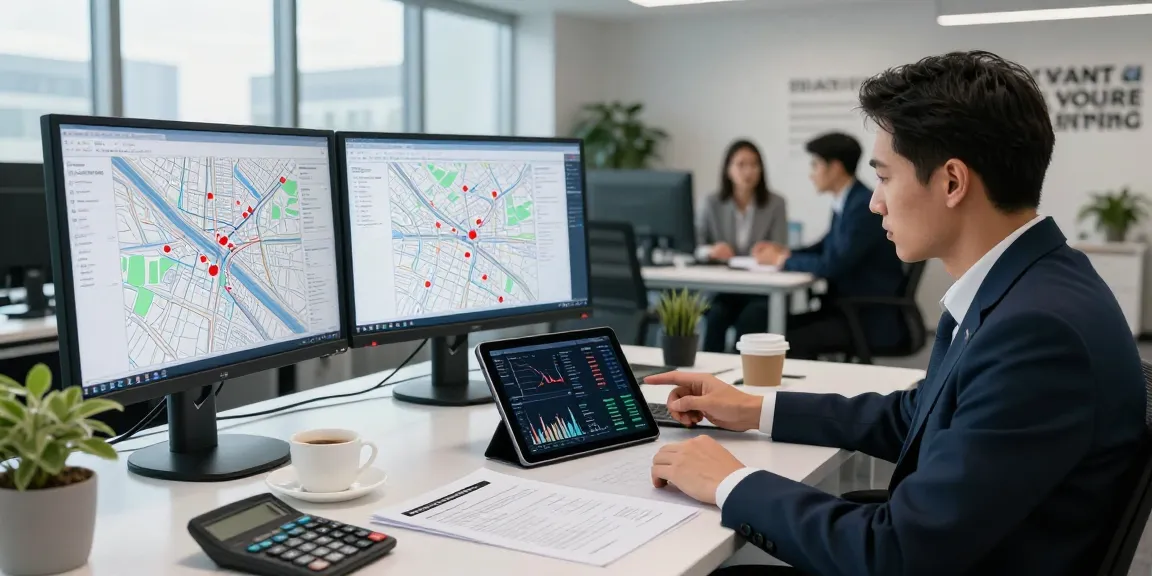 Asset tracing investigation in a modern office, accountant analyzing data.