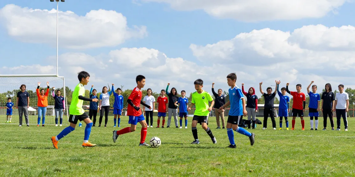 Youth soccer players collaborate and learn more about teamwork on a vibrant field.